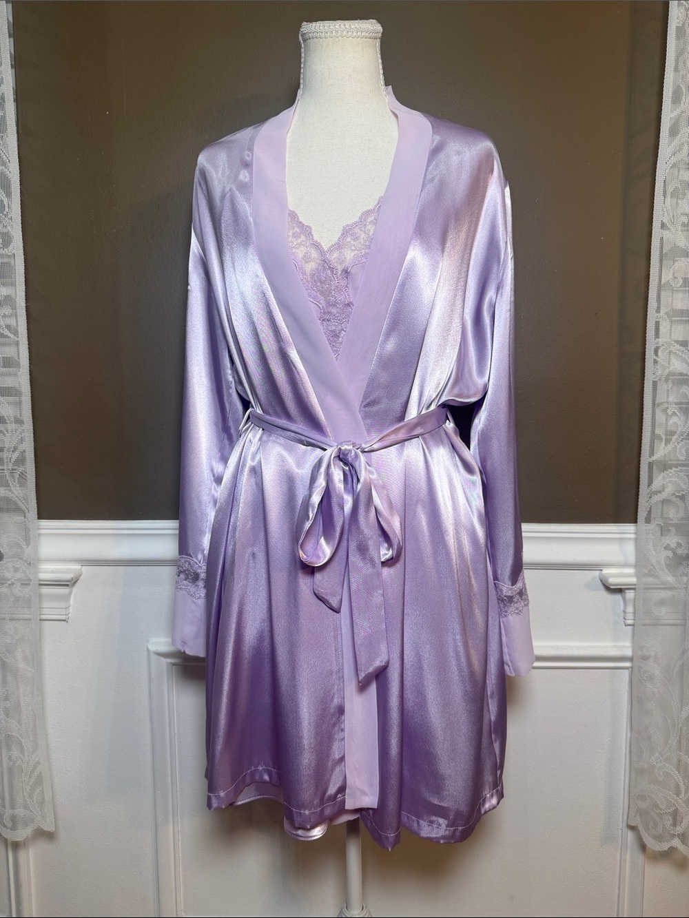Delicates Lilac Satin Robe & Chemise Set S Lace Trim Y2K